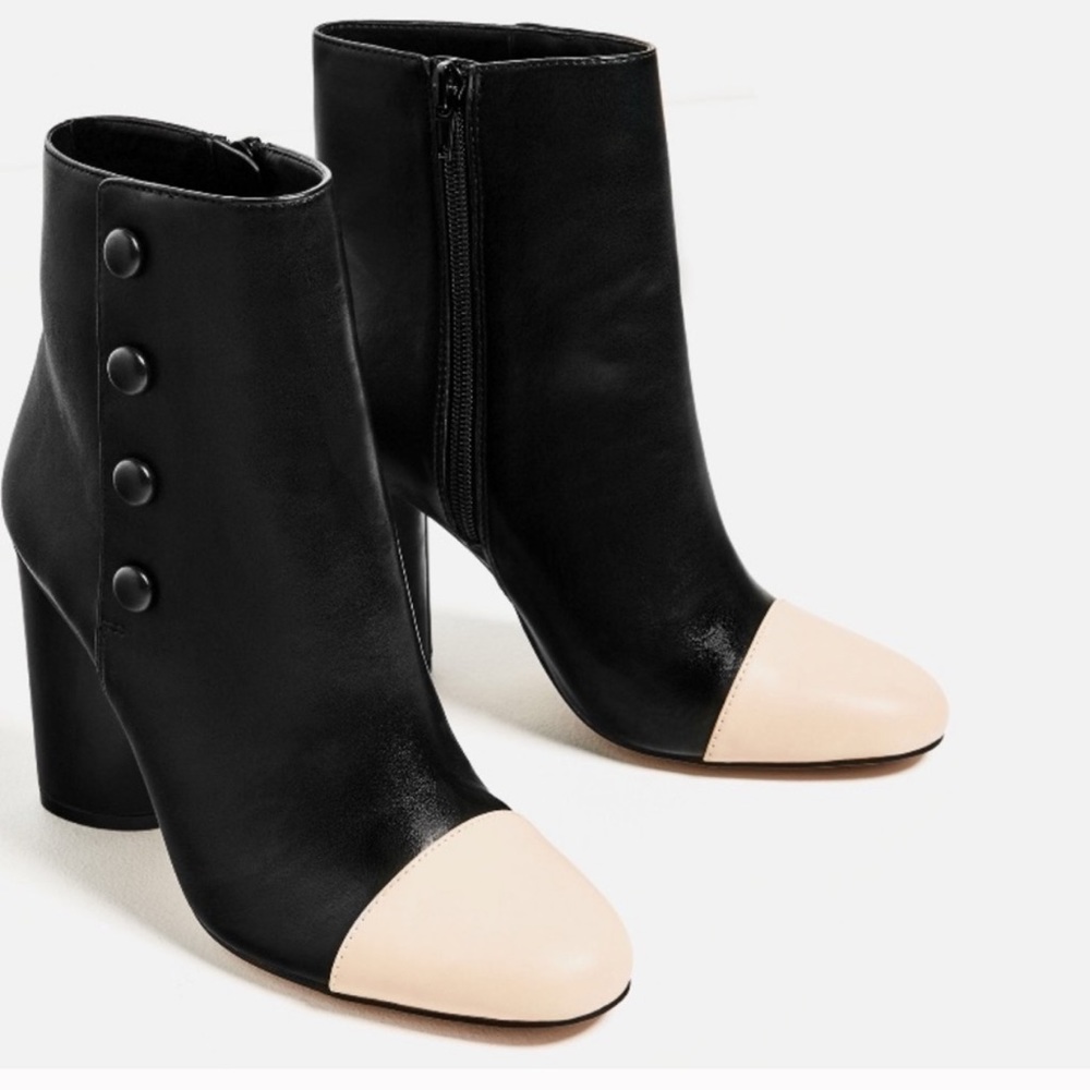 Zara leather button ankle boots w contrasting toe